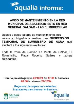 Aqualia informa de una suspensión del suministro en la tarde de este jueves en La Punta de Gáldar y zonas colindantes