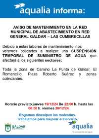 Aqualia informa de una suspensión del suministro en la noche del jueves al viernes en La Punta de Gáldar y zonas colindantes