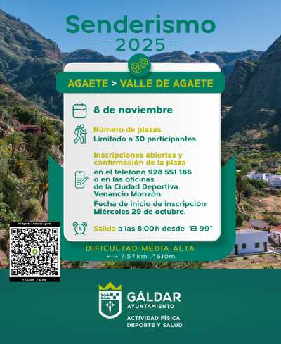 El programa de senderos de la Concejalía de Deportes continúa el 8 de noviembre con una ruta desde Agaete