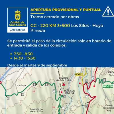 Habilitado el paso temporal en la GC-220 a partir del martes por el inicio del curso escolar