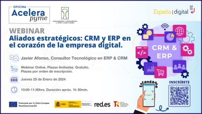 Taller Webinar “Aliados estratégico CRM y ERP en el corazón de la empresa digital”  organizado por la Oficina Acelera Pyme para entornos rurales de la Mancomunidad de Ayuntamientos del Norte de Gran Canaria