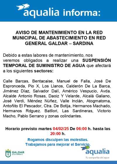 Aqualia informa de un corte temporal del suministro por mantenimiento el martes en varias zonas de Sardina