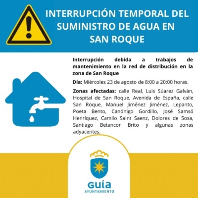 Interrupción temporal del suministro de agua de abasto, este miércoles 23 de agosto, por obras de mantenimiento en la red