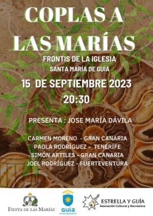 La Asociación Cultural y Recreativa Estrella y Guía presenta el espectáculo &#039;Coplas a Las Marías&#039; el próximo viernes 15 de septiembre, a las 20:30 horas, en el frontis de la Iglesia